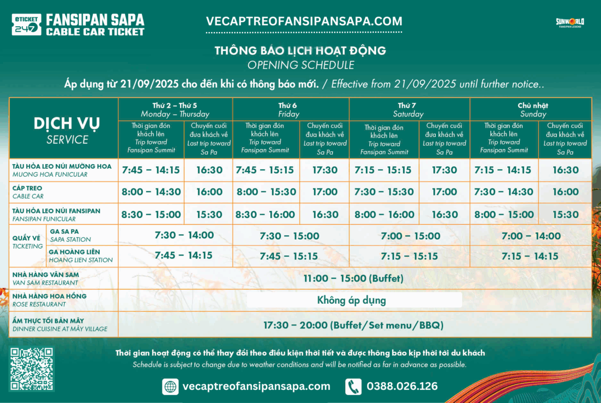 Giờ Hoạt Động Cáp Treo Fansipan, Lịch Vận Hành Cáp Treo Fansipan Sun World