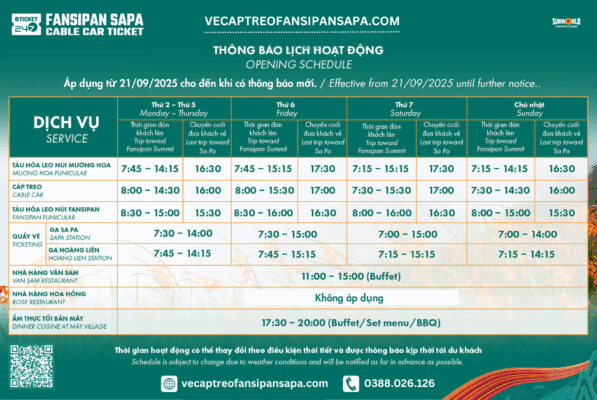 Giờ Hoạt Động Cáp Treo Fansipan, Lịch Vận Hành Cáp Treo Fansipan Sun World